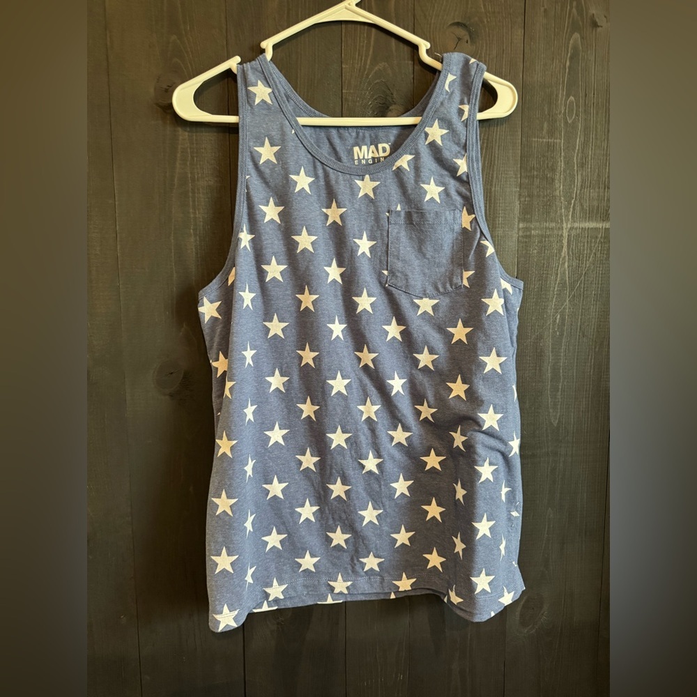 MAD Engine Blue and White Star Print Tank Top